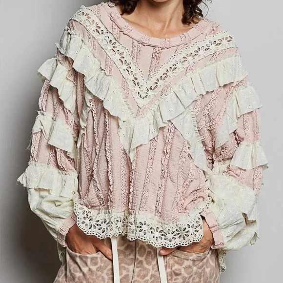 POL Romantic Pink Lace & Ruffle Women's Top - Picture 3 of 8